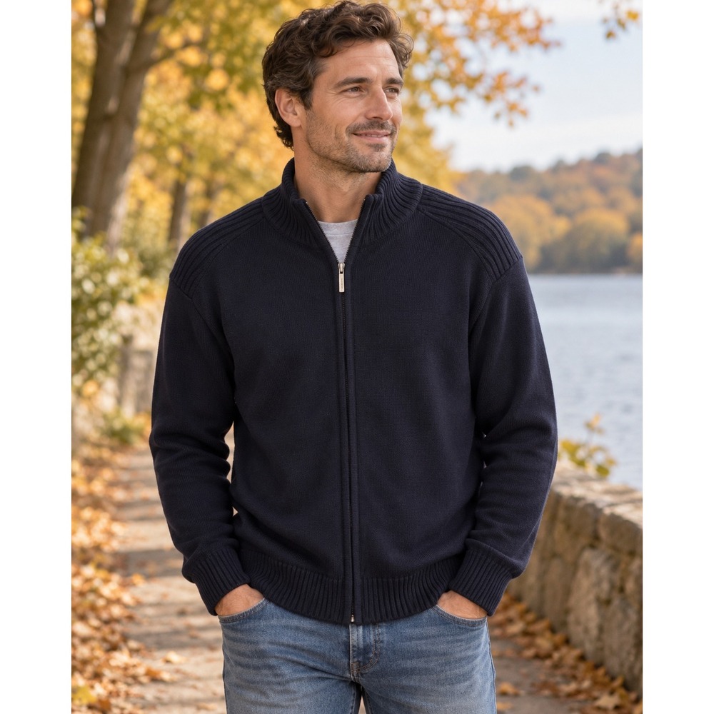 A.W. Dunmore Mens XL Navy Blue Full Zip 100% Cotton Mock Neck Sweater